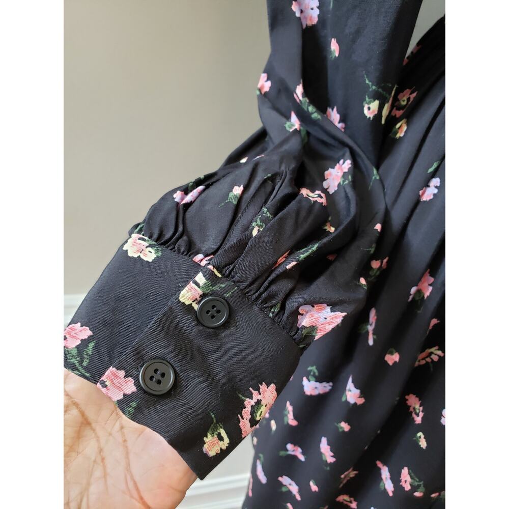 Jill Stuart Shirt Dress Women XS Black Floral Ruffle Pleated Collar Button Front - Picture 9 of 13